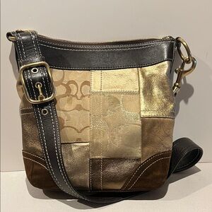 Coach signature Patchwork Crossbody Bag in, Gold, and Brown Leather and suede
